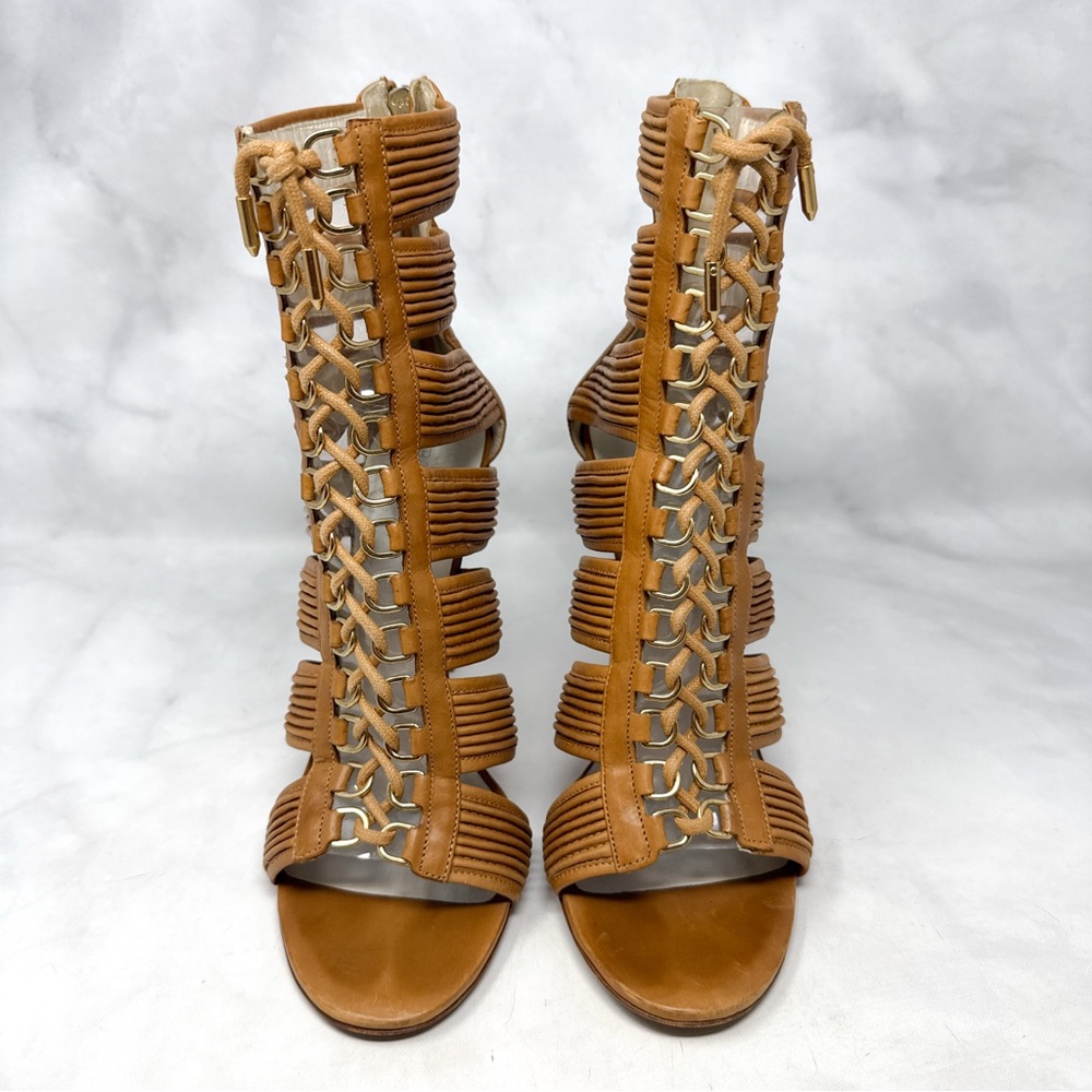 BALMAIN Hopi Caged Gladiator Stiletto Heeled Open Toe Ankle Bootie Boot Brown 41 - Picture 4 of 16